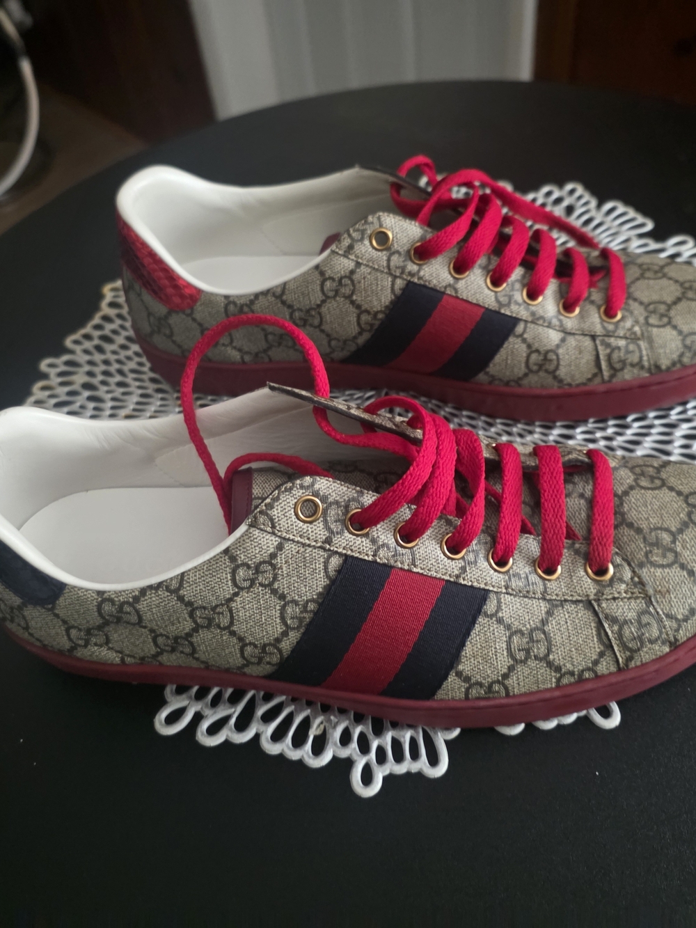 Gucci Unisex Beige GG Canvas Red & Navy Stripe Sneakers